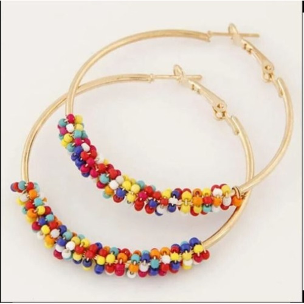 Multi-Color Bead Oval Dangly Hinge Earrings Gold Tone Round‎ Hoop Drop Classic